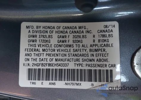 2014 Honda Civic Ex z USA, uszkodzony, nr VIN 2HGFB2F86EH543337